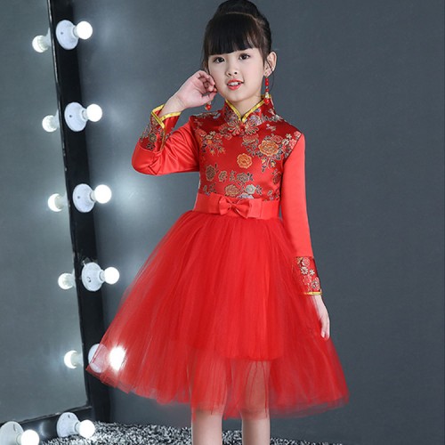 Chinese folk dance costumes china style stage performance dragon damask pattern princess competition evening party dresses